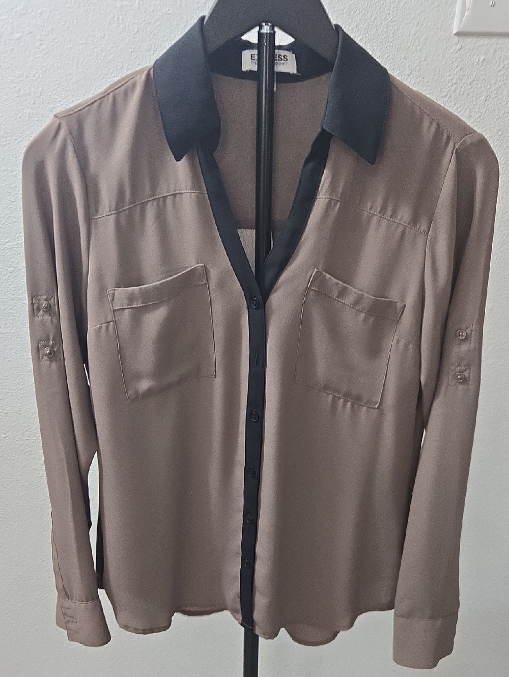 Express Taupe Shirt Jacket with Black Trim